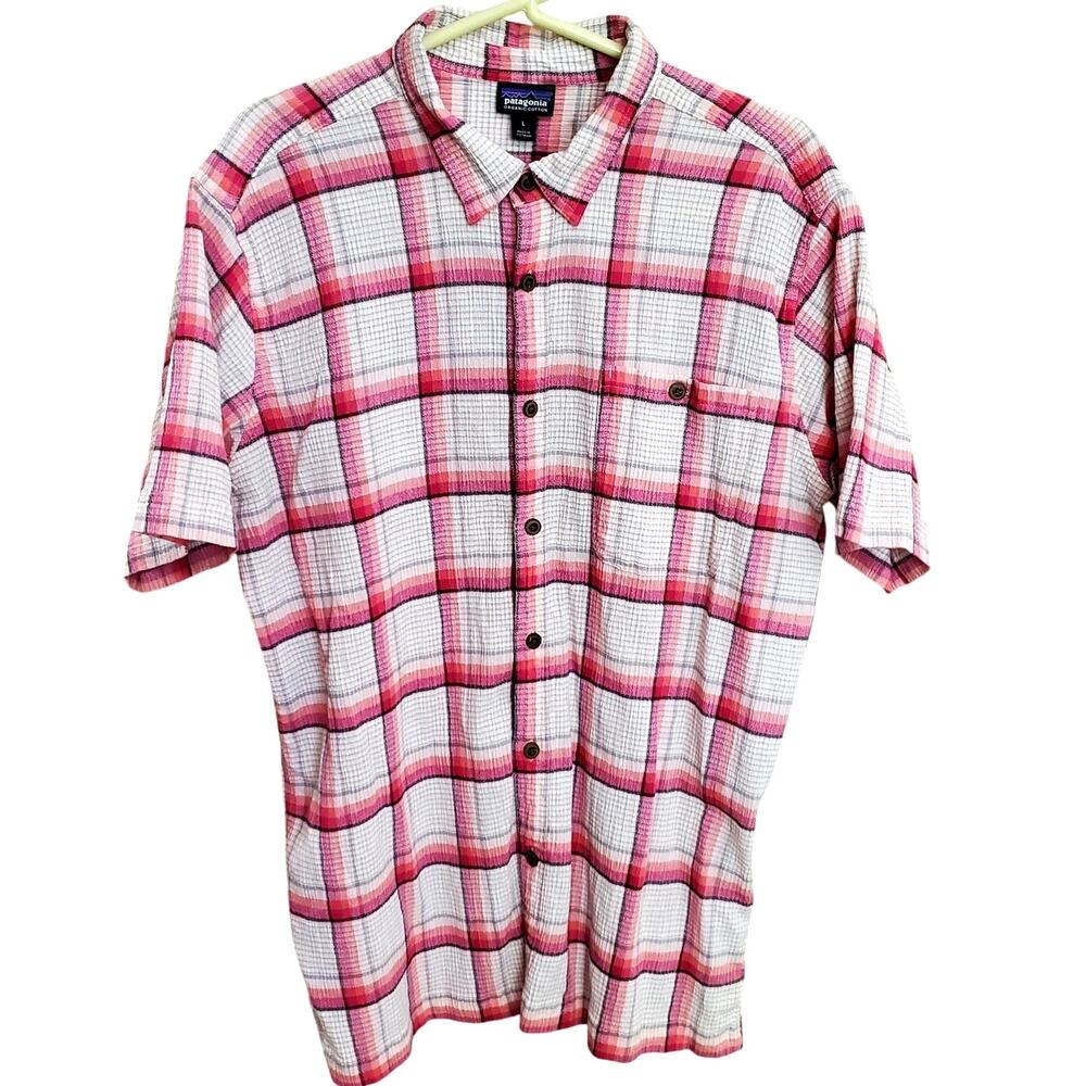 Pink Plaid Short Sleeve Women's Patagonia Shirt | Size L Summer Button Front Top